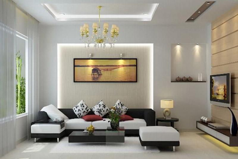 Mẫu trần thạch cao giật cấp cho phòng khách sang trọng, tạo điểm nhấn ấn tượng cho không gian chính