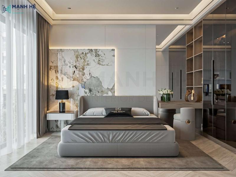 Một thiết kế trần thạch cao phòng ngủ đẹp với hệ thống đèn LED âm trần tạo không gian ấm cúng và sang trọng.