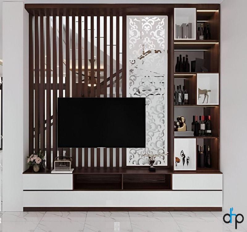 Kệ trang trí đa năng làm vách ngăn giữa phòng khách và bếp
