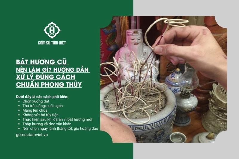 Một người đang cẩn thận rải tro bát hương cũ xuống dòng nước trong xanh, thể hiện sự kính trọng và nghi thức truyền thống