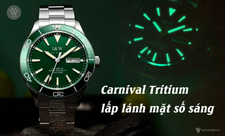 Mặt số đồng hồ Carnival Tritium phát sáng rõ nét trong bóng tối