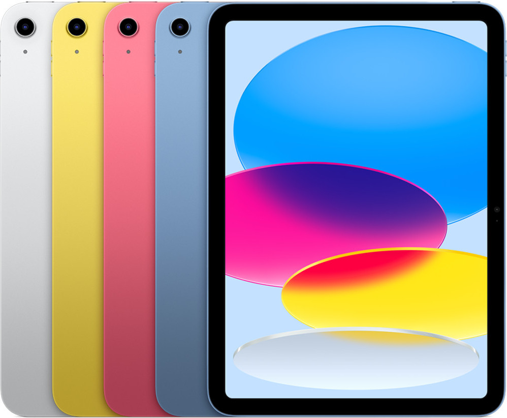 Hình ảnh một chiếc iPad (thế hệ 10) màu hồng, nổi bật với thiết kế hiện đại và camera trước đặt ngang.