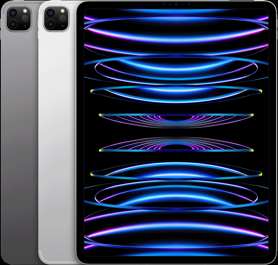Hình ảnh một chiếc iPad Pro 12,9 inch (thế hệ 6) màu bạc, hiển thị màn hình chính và các icon ứng dụng.