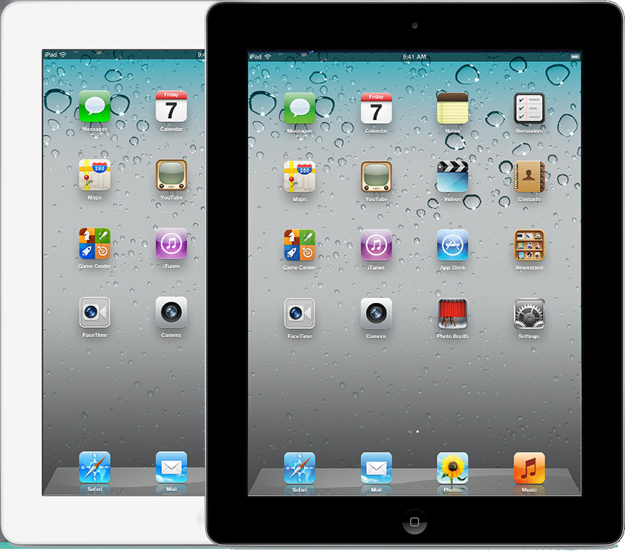 Hình ảnh một chiếc iPad 2 màu trắng, thể hiện thiết kế mỏng nhẹ và các cổng kết nối.