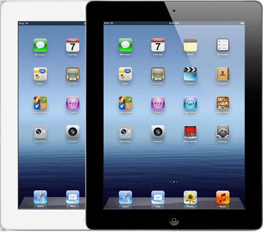 Hình ảnh một chiếc iPad (thế hệ 3) màu trắng, nổi bật với màn hình Retina sắc nét và nút Home truyền thống.