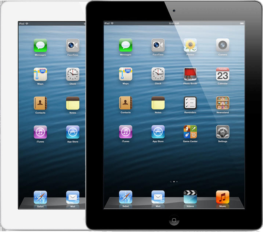 Hình ảnh một chiếc iPad (thế hệ 4) màu đen, hiển thị cổng Lightning và nút Home.