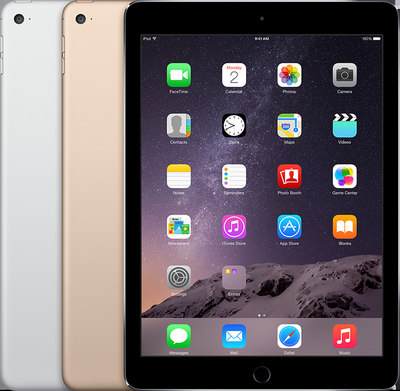 Hình ảnh một chiếc iPad Air 2 màu bạc, với thiết kế siêu mỏng và nút Home tích hợp Touch ID.