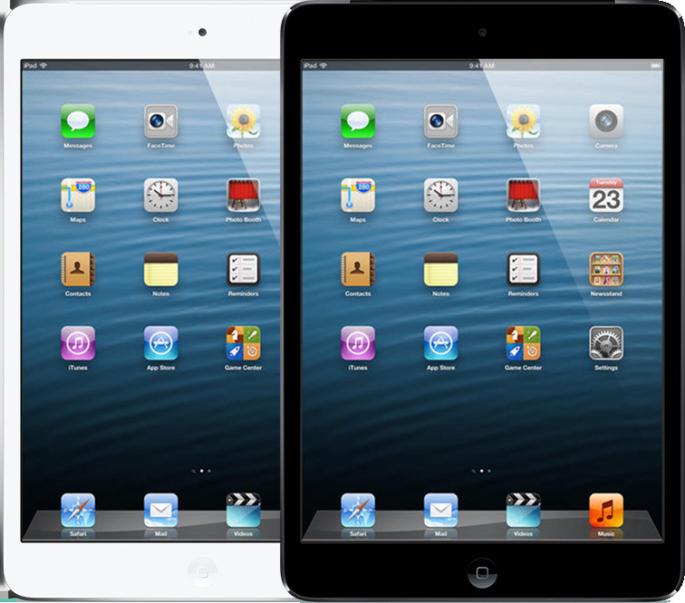 Hình ảnh một chiếc iPad mini (thế hệ đầu tiên) màu bạc, thể hiện thiết kế nhỏ gọn và viền màn hình trắng.