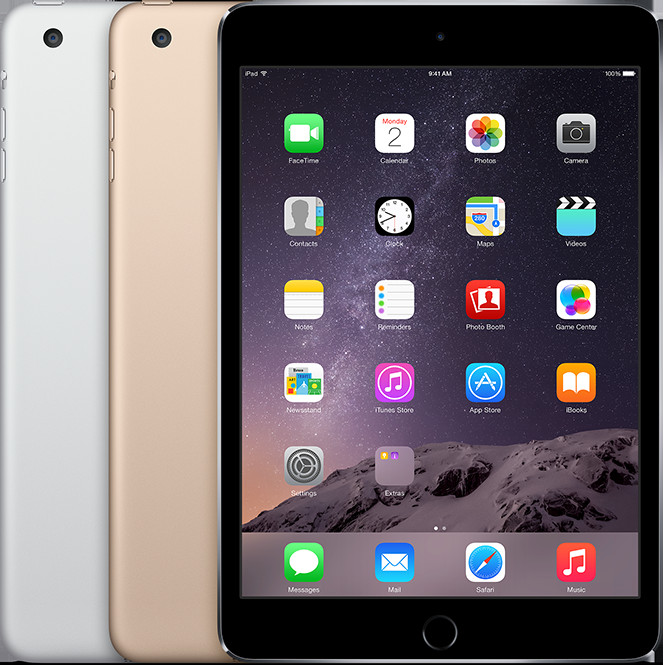 Hình ảnh một chiếc iPad mini 3 màu bạc, hiển thị màn hình chính và nút Home tích hợp cảm biến vân tay.