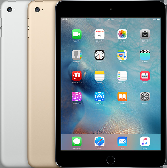 Hình ảnh một chiếc iPad mini 4 màu vàng hồng, nổi bật với thiết kế nhỏ gọn và nút Home tích hợp Touch ID.