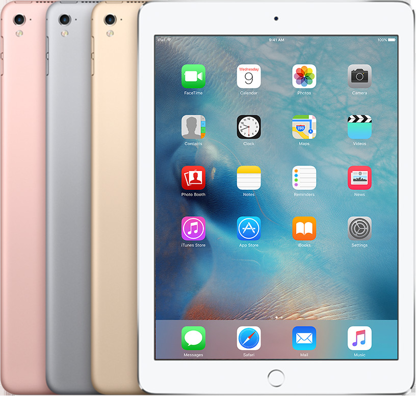 Hình ảnh một chiếc iPad Pro 9,7 inch màu bạc, hiển thị màn hình với các icon ứng dụng và nút Home.