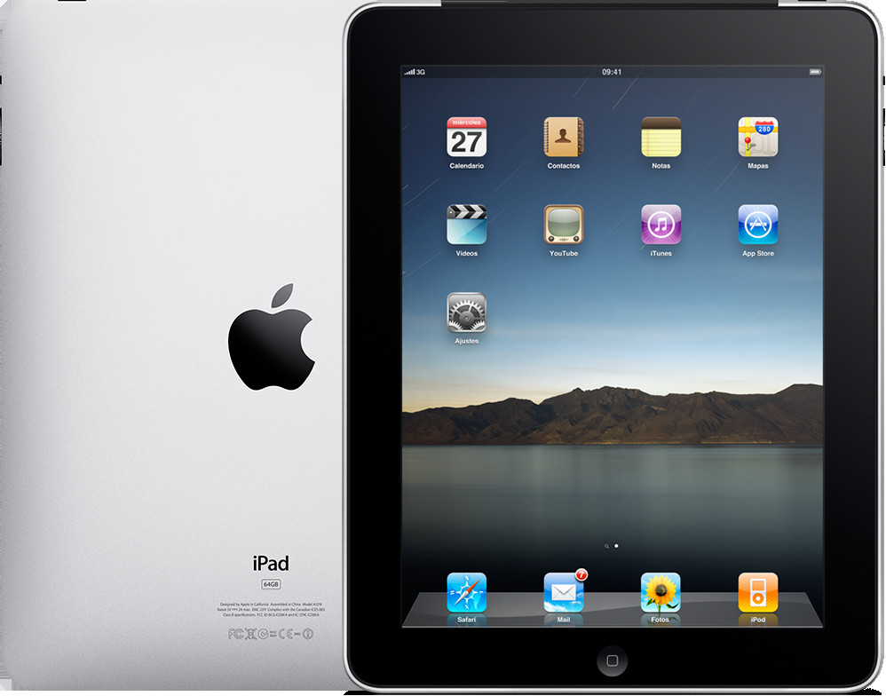 Hình ảnh một chiếc iPad (thế hệ đầu tiên) màu đen, với thiết kế dày dặn và nút Home đặc trưng.