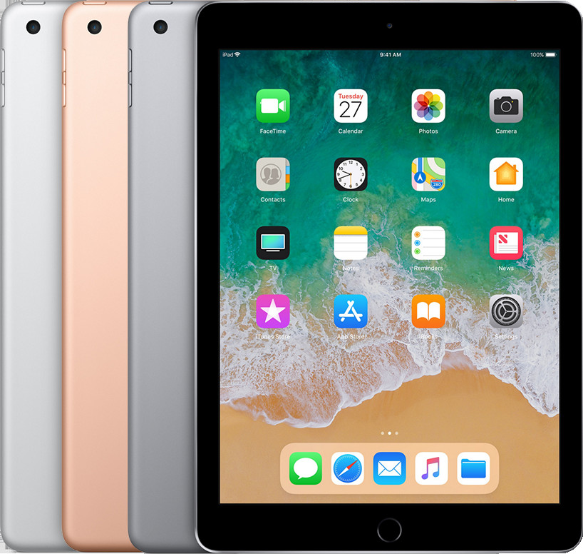 Hình ảnh một chiếc iPad (thế hệ 6) màu vàng hồng, nổi bật với nút Home và khả năng tương thích với Apple Pencil thế hệ đầu tiên.