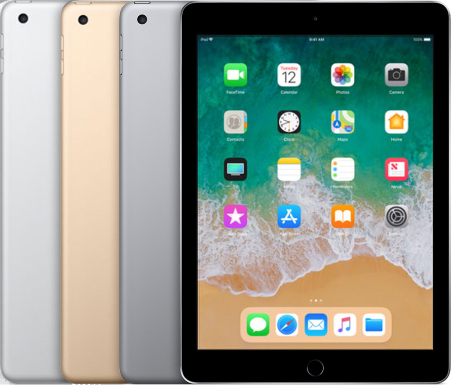 Hình ảnh một chiếc iPad (thế hệ 5) màu vàng hồng, thể hiện màn hình và nút Home vật lý.