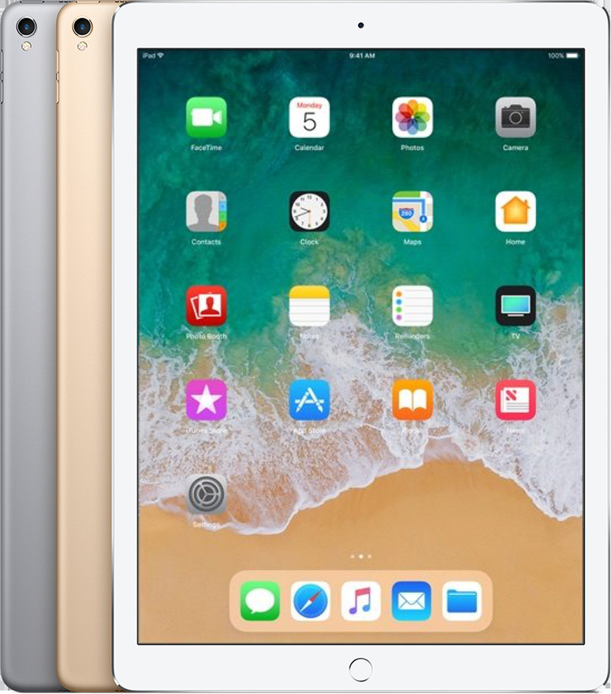 Hình ảnh một chiếc iPad Pro 12,9 inch (thế hệ 2) màu bạc, hiển thị màn hình chính với nút Home và Touch ID.