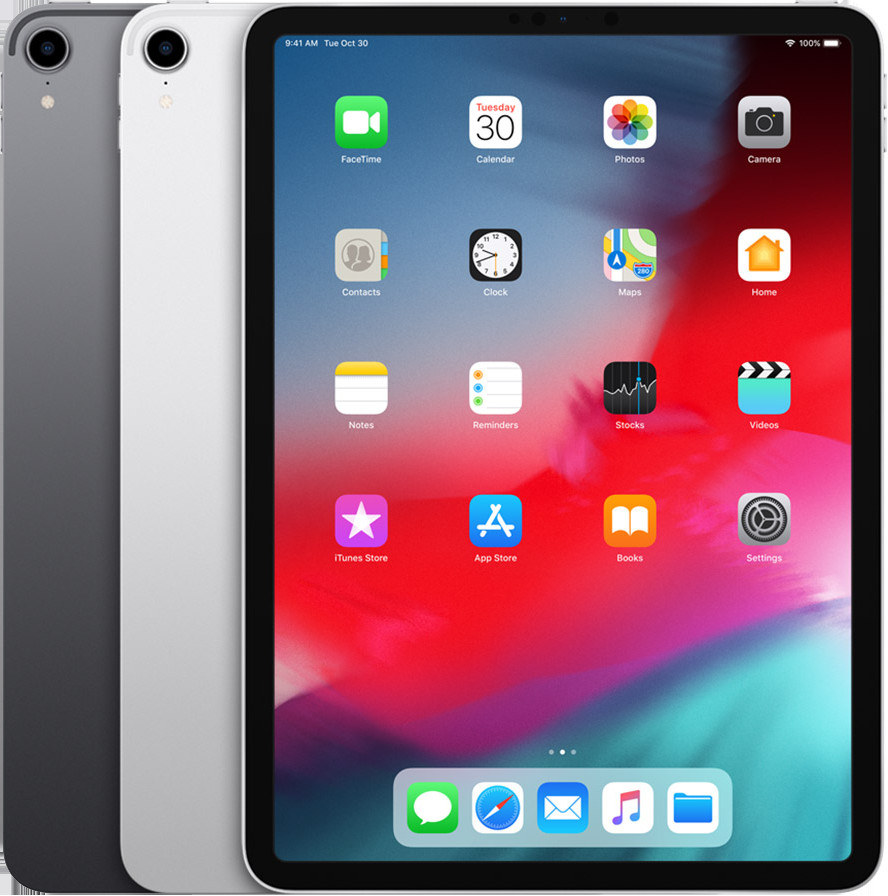 Hình ảnh một chiếc iPad Pro 11 inch (thế hệ đầu tiên) màu bạc, thể hiện thiết kế mới với viền mỏng và Face ID.