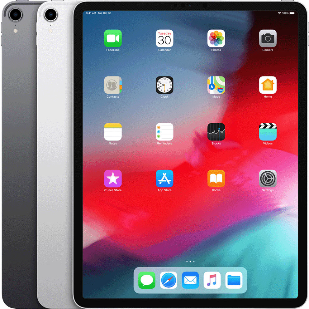 Hình ảnh một chiếc iPad Pro 12,9 inch (thế hệ 3) màu xám không gian, màn hình lớn hiển thị nội dung, không có nút Home vật lý.