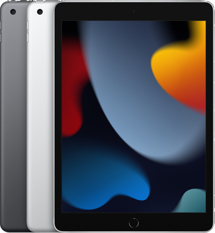 Hình ảnh một chiếc iPad (thế hệ 9) màu bạc, với viền màn hình dày hơn và nút Home tích hợp Touch ID.