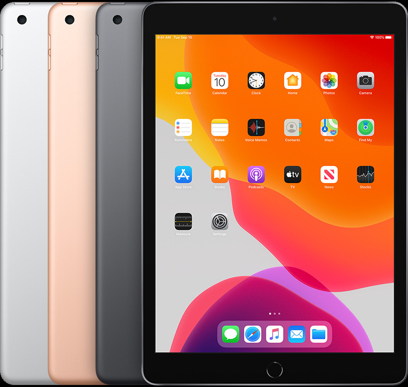 Hình ảnh một chiếc iPad (thế hệ 7) màu bạc, hiển thị màn hình 10.2 inch và nút Home truyền thống.