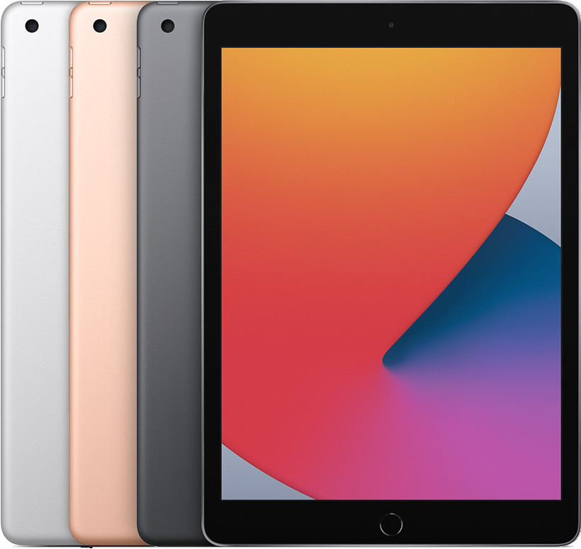 Hình ảnh một chiếc iPad (thế hệ 8) màu vàng hồng, thể hiện màn hình và nút Home vật lý.