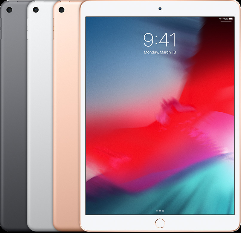 Hình ảnh một chiếc iPad Air (thế hệ 3) màu bạc, thể hiện màn hình và nút Home truyền thống.