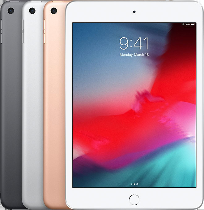 Hình ảnh một chiếc iPad mini (thế hệ 5) màu bạc, thể hiện màn hình và nút Home truyền thống.