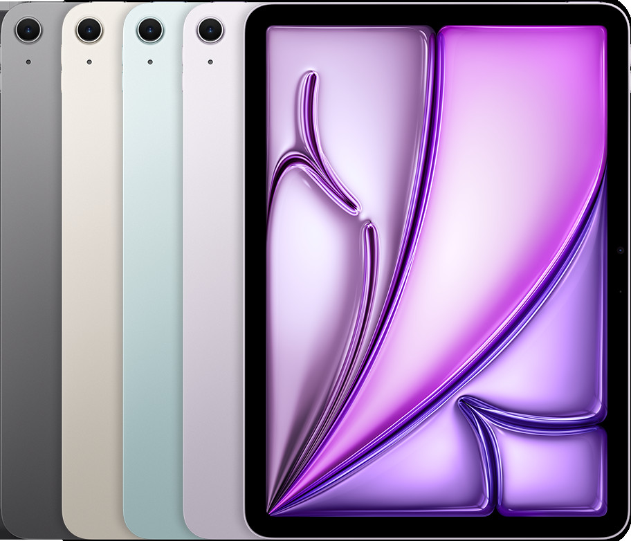 Hình ảnh iPad Air 11 inch (M3) màu tím, với màn hình Liquid Retina và thiết kế hiện đại.