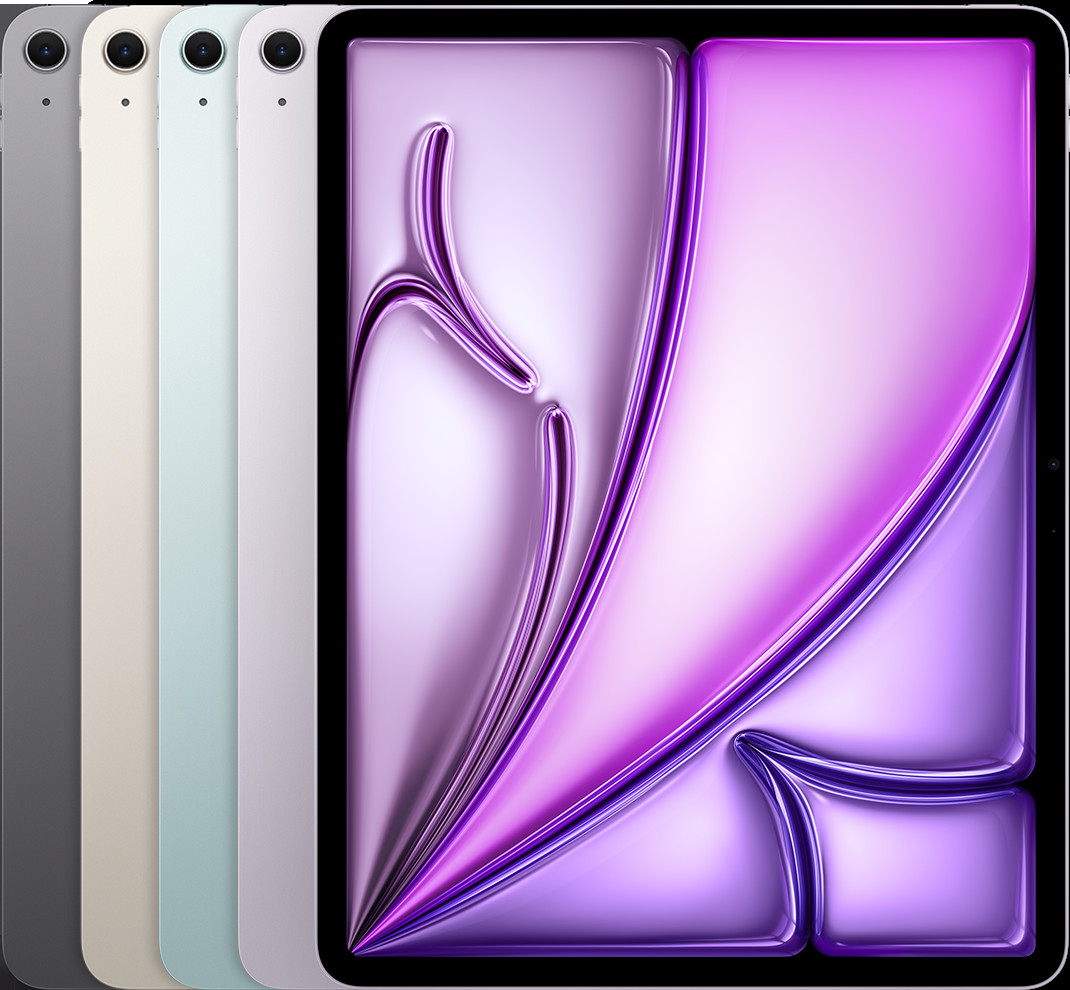Hình ảnh iPad Air 13 inch (M3) màu xanh lam, với màn hình lớn và camera trước nằm ngang.
