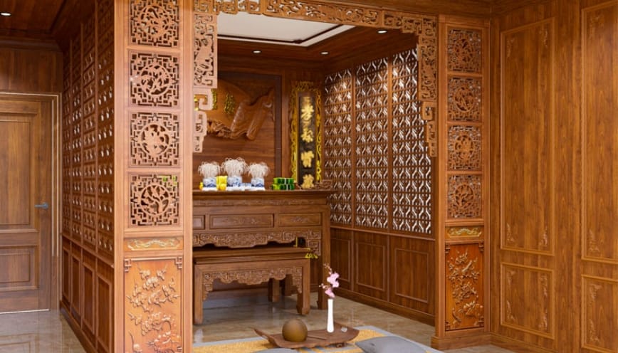 Vách ngăn bàn thờ gỗ Sồi mang lại vẻ đẹp thanh thoát